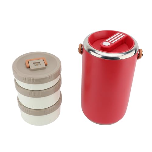 Nikou Tarro de acero inoxidable aislado al vacío de 2,6 L, lonchera apilable de 3 niveles, a prueba de fugas, apto para microondas, ideal para oficina y camping, color rojo