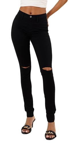 Vibrant Women’s Ripped Skinny Jeans – High Waisted Cutout Knee Ribbed Stretch Casual Denim Pants P831 Black 1X