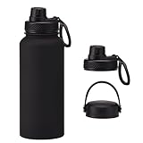 Aiivow Black 32 OZ Insulated Water Bottle, Large Metal Stainless Steel Water Flask, Big Sports Travel Water Bottle with 2 Lids, Insulated Thermal Mug Cup