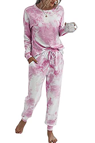 Prettygarden Women's Tie Dye Two Piece Pajamas Set Casual Long Sleeve Sweatshirt With Long Pants Loungewear (Pink,Medium) #TOP8