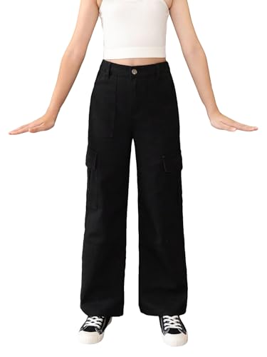 Floerns Girl's Flap Pocket Side Denim Jeans Straight Leg Loose Fit Cargo Pants