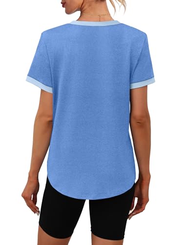 Image of Womens Workout Tops Summer Short Sleeve Shirts Athletic Color Block Gym Clothes Outfits Sun Protection UPF 50+ T Shirts