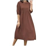 Smxrfitk Women Casual Dress 2024 Fall Basic Cotton Linen Solid Dresses Comfy High Waist Pleated Half Sleeve A Line Dresses