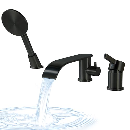 LUOGULIANG Matte Black Roman Tub Faucet with Hand Shower Deck Mount Bathtub Faucet with Sprayer 3 Hole Waterfall Filler with 360 Extended Spout