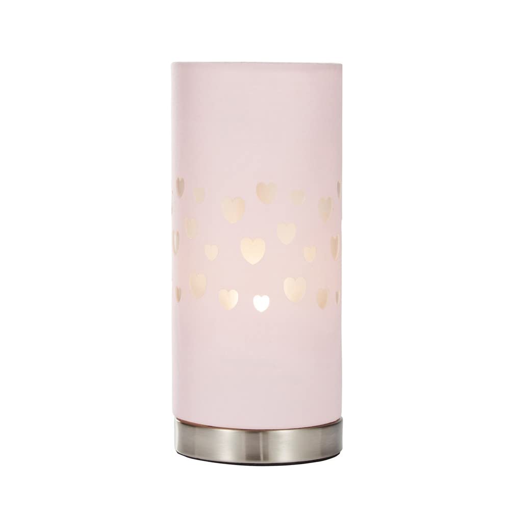 LITECRAFT Glow Hearts Table Lamp Children's LED with Pink Cylinder Shade - Satin Chrome