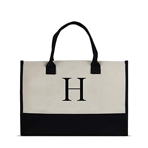 VANESSA ROSELLAPersonalized Gift Monogram Initial 100% Cotton Two Tone Chic Tote Bag with Customize Option - Black