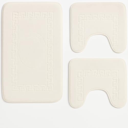 Corredocasa Set 3 Pezzi Tappeto Bagno Antiscivolo Scendidoccia Tappettino Bagno Super Assorbente Fantasia Cuori/Sassi Tessuto Lavabile Per il Bagno, La Doccia, Tappetino WC (Panna, Greca)