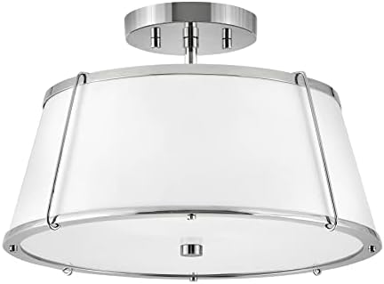 Hinkley Clarke Medium Semi-Flush Mount Ceiling Light, Matte White Metal Tapered Drum Shade, Classic, Diffuser, Polished Nickel Finish