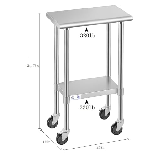 Image of ROCKPOINT Stainless Steel Table for Prep & Work with Caster Wheels 14x24 Inches, NSF Metal Commercial Kitchen Heavy Duty Table with Adjustable Under Shelf and Table Foot for Restaurant, Home and Hotel