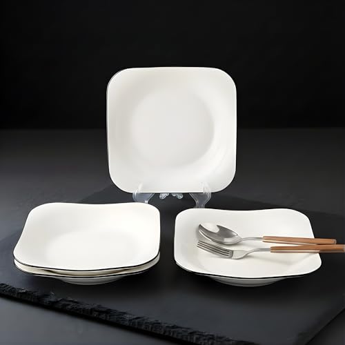 Image of 8.5 Inch Modern White Ceramic Square Serving Plate, Elegant Porcelain Dessert & Salad Plate with Minimalist Black Rim, Stackable Nordic Style Dishware for Appetizer, Fruit, and Sushi (Set of 4)