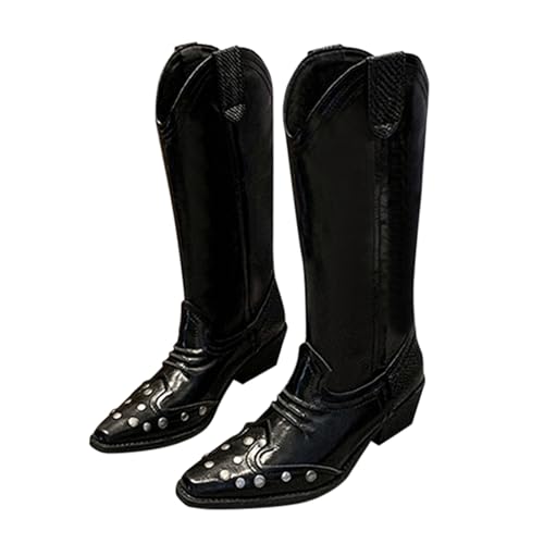 Bottes montantes confortables contre le froid en cuir noir résistant à talon épais stable