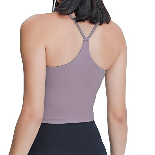 Lemedy Strappy Back Tank Top for Women with Built in Bra Workout Yoga Shirts (Lavender Grey, M)