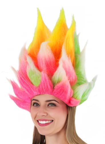 HandinHandCreations Vivid Adult Troll Clown Wig for Costumes & Parties Neon Rainbow Troll Hair with Mesh Comfort Liner