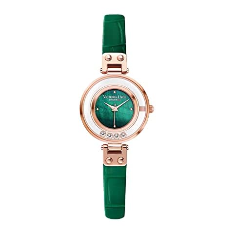 VICTORIA HYDE Women's Watches Small Green Dial Analogue Quartz Wrist Watch with Stainless Steel Strap Leather Strap, Green, Strap Cover