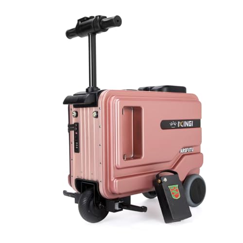 Electric rideable luggage in rose gold, featuring a retractable handle and wheels, designed for modern travel convenience.