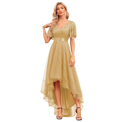 Corset Flutter Sleeve Hi Low Mother of The Bride Dresses V Neck Sparkly Formal Dress for Women DI263