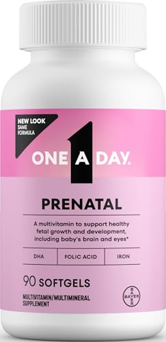 One A Day Prenatal Vitamins- Folic Acid, Iron, Omega- 3 (DHA), Pregnancy Vitamins for Women, Prenatal Multivitamin for Mom and Baby Support, Pregnancy Must Haves 90 Ct (Packaging May Vary)