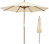TANGZON 3M Garden Parasol Umbrella, Wooden Patio Umbrella with Tilt Mechanism, Vented Canopy & Pulley System, 8-Rib Outdoor Sun Shade for Garden, Balcony, Terrace & Poolside, Cream