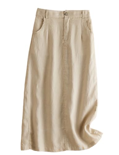 Womens Cotton Linen Skirt High Waisted Midi Skirt A Line Skirt with Pockets