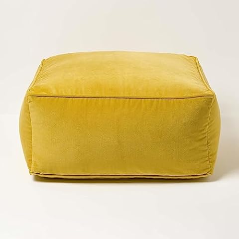 HOMESCAPES Mustard Yellow Velvet Pouffe Cube Cover