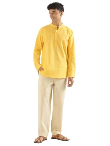 Image of SAADAA Men's Short Kurta - Linen Cotton Blend, Airy Fabric, Regular Fit, Mandarin Collar, Solid Color - Casual, Festive & Ethnic Wear