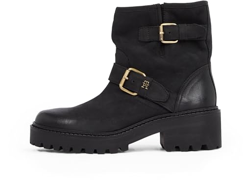 Tommy Hilfiger Botines de media caña Mujer Biker Doube Buckle de piel, Negro (Black), 41