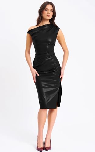 Memoriesea Women's Faux Leather One Shoulder Bodycon Hem Split Party Club Midi Dress2