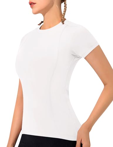IECCP Sportshirt Damen Gym Oberteil Yoga Funktionsshirt Rundhals Laufshirt Kurzarm Gym top Kompression Trainings-Oberteil Elfenbeingrau M