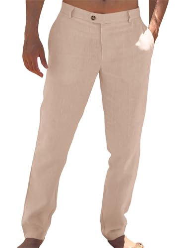 Image of Runcati Mens Casual Pants Elastic Waist Linen Dress Lightweight Straight-Legs Loose Fit Summer Beach Yoga Trousers