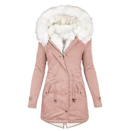 ANHATUIV Winter Coats for Women Uk Plus Size Winter Warm Hooded Jacket Long Thicken Warm Fleece Lined Jacket Women Parka Jackets Zip Up Outerwear with Trim Fuffly Hood Packet Outdoor Outerwear Pink L