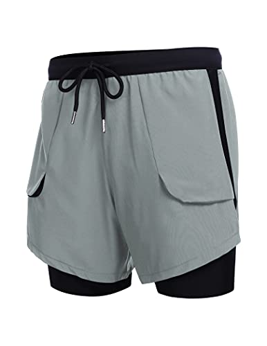 COOFANDY Men’s Gym Workout Shorts 2 in 1 Running Shorts 5  Quick Dry Athletic Shorts with Pockets Light Grey