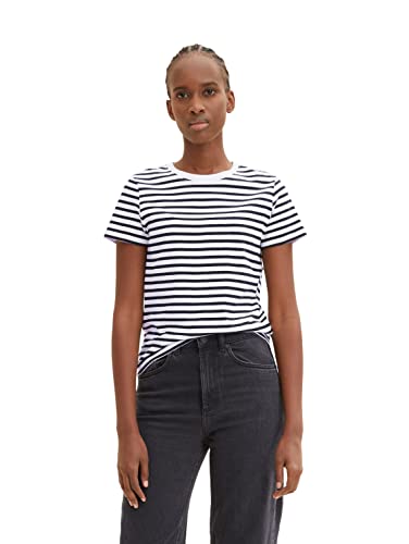TOM TAILOR Denim Damen Boxy Fit T-Shirt mit Streifen aus Bio-Baumwolle 31641 - White Black Stripe S