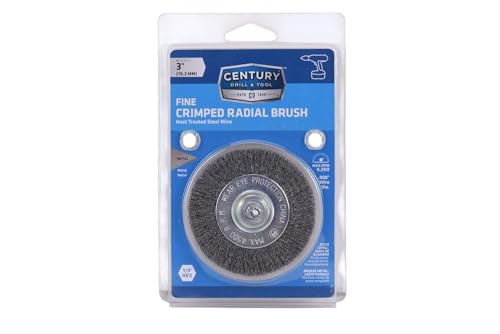 Image of Century Drill & Tool 76433 3 inch Durable Fine Crimped Radial Wire Brush, 1 /4 inch Drill Shank, 4,500 RPM - Ideal for Rust /Paint Removal, Deburring, & More