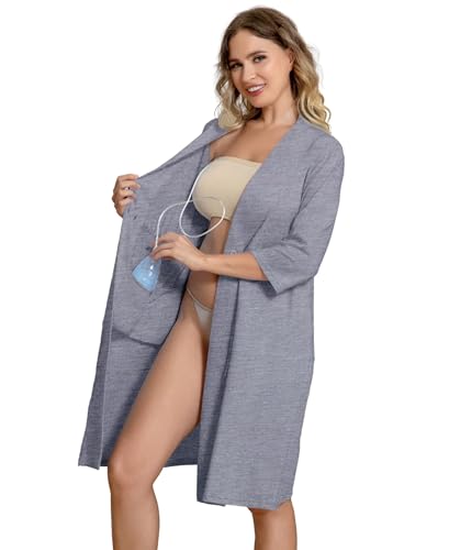 Post Surgery Mastectomy Robe Women with 4 Internal Drain Pockets 3/4 Sleeves Night Gowns Pajama Dress Shirts