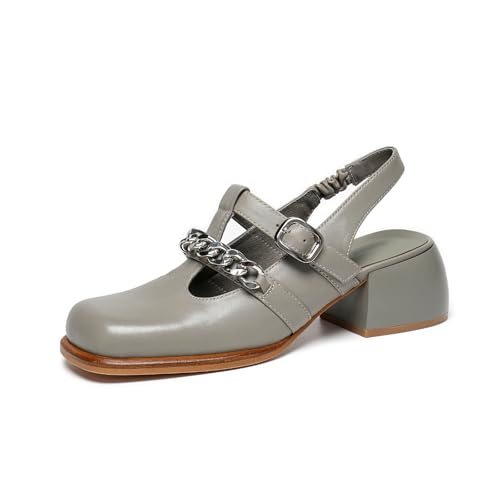 BEAU TODAY Slingback Heels for Women Square Toe Mary Jane Shoes Leather Chain Chunky Block Heel Sandals Closed Toe Dress Loafers Business Casual Shoes Women