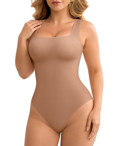 Image of FeelinGirl Bodysuits for Women Seamless Square Neck Tummy Control Compression Thong Shapewear Bodysuit Tank Tops Bodysuit