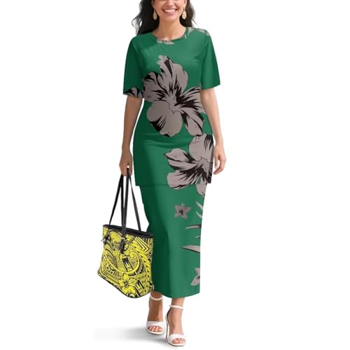 Image of Puletasi Samoan Traditional 2 Piece Outfits for Women Short Sleeve Crop Top and Maxi Skirt Sets Puletasi Dress