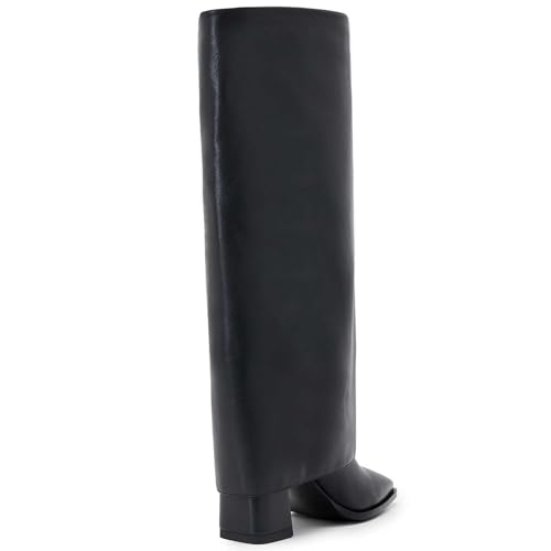 Image of Knee-High Boots for Women - Wide Calf Boots with Zipper, Square Toe Tall Leather Boots, Chunky Heel Fashion Long Boots