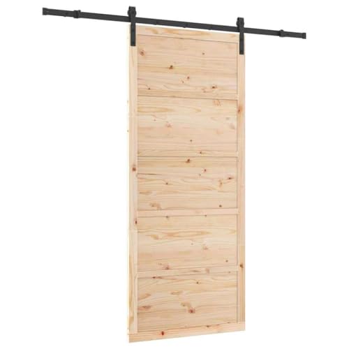 vidaXL Puerta Corredera 80 x 208cm de Madera de Pino Maciza Color Marrón Rústico con Piezas de Acero Estilo Granja para Interior, con Componentes Ajustables. Ideal para Sala de Estar o Entrada, con