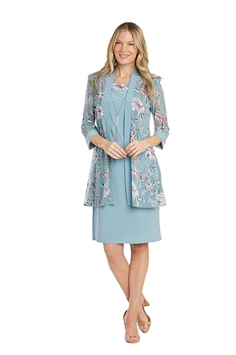 Image of R&M Richards Women's Sheath Dress W /Floral Print Sheer Jacket & Detachable Necklace | Elegant 2-Piece Formal Ensemble