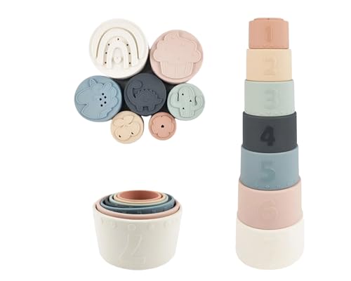 Image of Moonkie Stacking Cups Toy, Fun Educational Baby Toys Silicone Soft Teething Toy, Age 6+ Months, 7 Piece Set