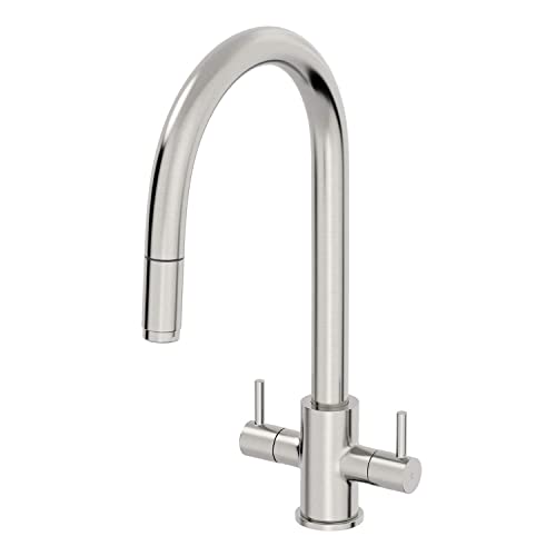 Modern Kitchen Sink Tap Double Lever Pull Out Spray Brushed Finish Hot and Cold