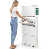 BAKAJI Scarpiera Portascarpe in Legno MDF con 4 Ante Porta Scarpe a Ribalta Maniglie a Scomparsa Doppia Profondità Dimensioni Compatte Slim 63 x 24 x 150 cm Ingresso Casa (Bianco Frassinato)