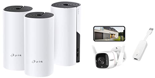 Image of TP-Link Deco M4 Whole Home Mesh Wi-Fi System & 3MP 1296p High Definition Outdoor CCTV Security Wi-Fi Smart Camera | White & UE300 USB 3.0 to RJ45 Gigabit Ethernet Network Adapter