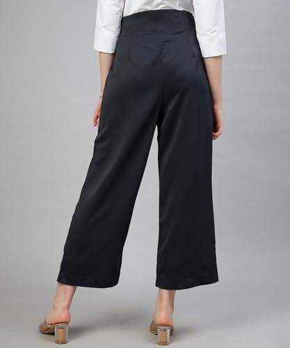 Image of Women's Straight Fit High Rise Pleated Parallel Cropped Length Solid Cotton Blend Trousers with Side Chain