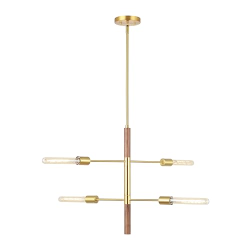 SAFAVIEH Lighting Collection Viceroy Brass/Walnut 4-Light Adjustable Pendant Hanging Light Fixture, Ideal for Dining Room, Kitchen Island, Entryway (LED Bulbs Included)