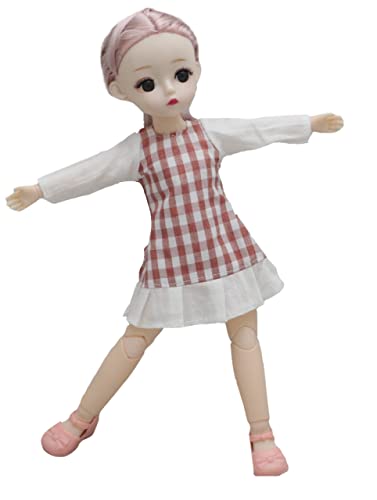 Image of Tickles Set Movable Jointed Makeup Cute Girl Brown Eyes Fashionable Doll Check Design Frock for Girls (Color: Red and White Size: 30 cm)