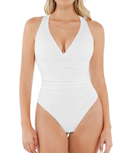Popilush Bodysuits for Women Tummy Control Halter Tops V Neck Ruched Thong Shapewear Body Suits