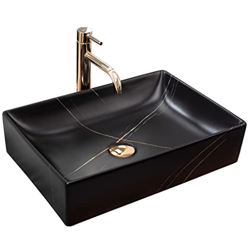 Rea Aufsatzwaschbecken Inga Black Marble Mat Waschtisch Handwaschbecken Waschschale Waschbecken für Badezimmer aus hochwertiger Keramik 510 mm x 345 mm x 120 mm (schwarz matt)