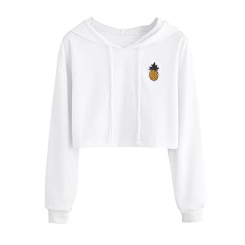 Lenfesh Femmes Printemps Automne Mode à Capuche Court Sweatshirt avec Cordon Hoodies Grande Taille (Asia M/FR 38-40, Blanc)